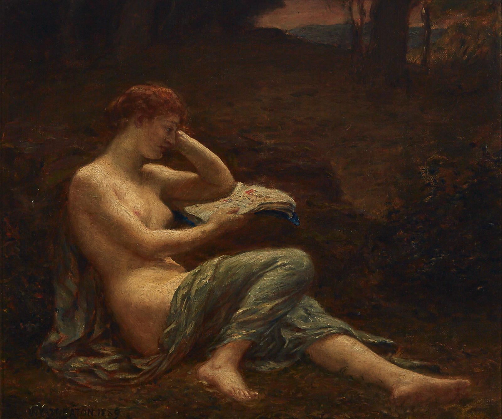 Wyatt Eaton (1849-1896) - Ariadne, The Classically Draped Nude Reading In A Forest, 1889