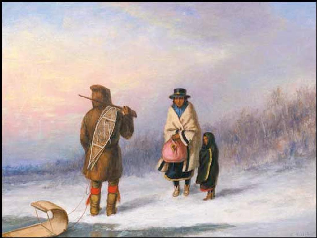 Cornelius David Krieghoff (1815-1872) - Indian Hunter with Toboggan Greeting a Native Woman and Child in a Winter Landscape, Quebec