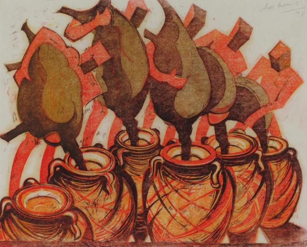 Sybil Andrews (1898-1992) - Six Waterpots Of Stone; 1988