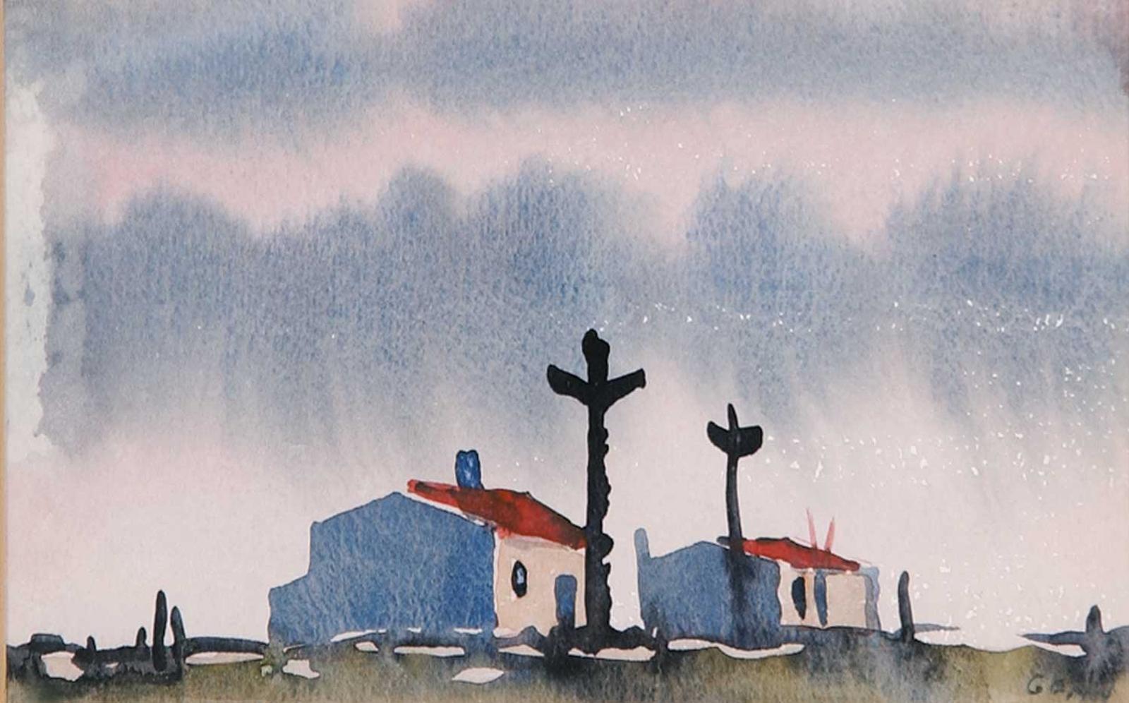 Robert Douglas Genn (1936-2014) - Untitled -Totem Poles and Houses with a Pink Sky