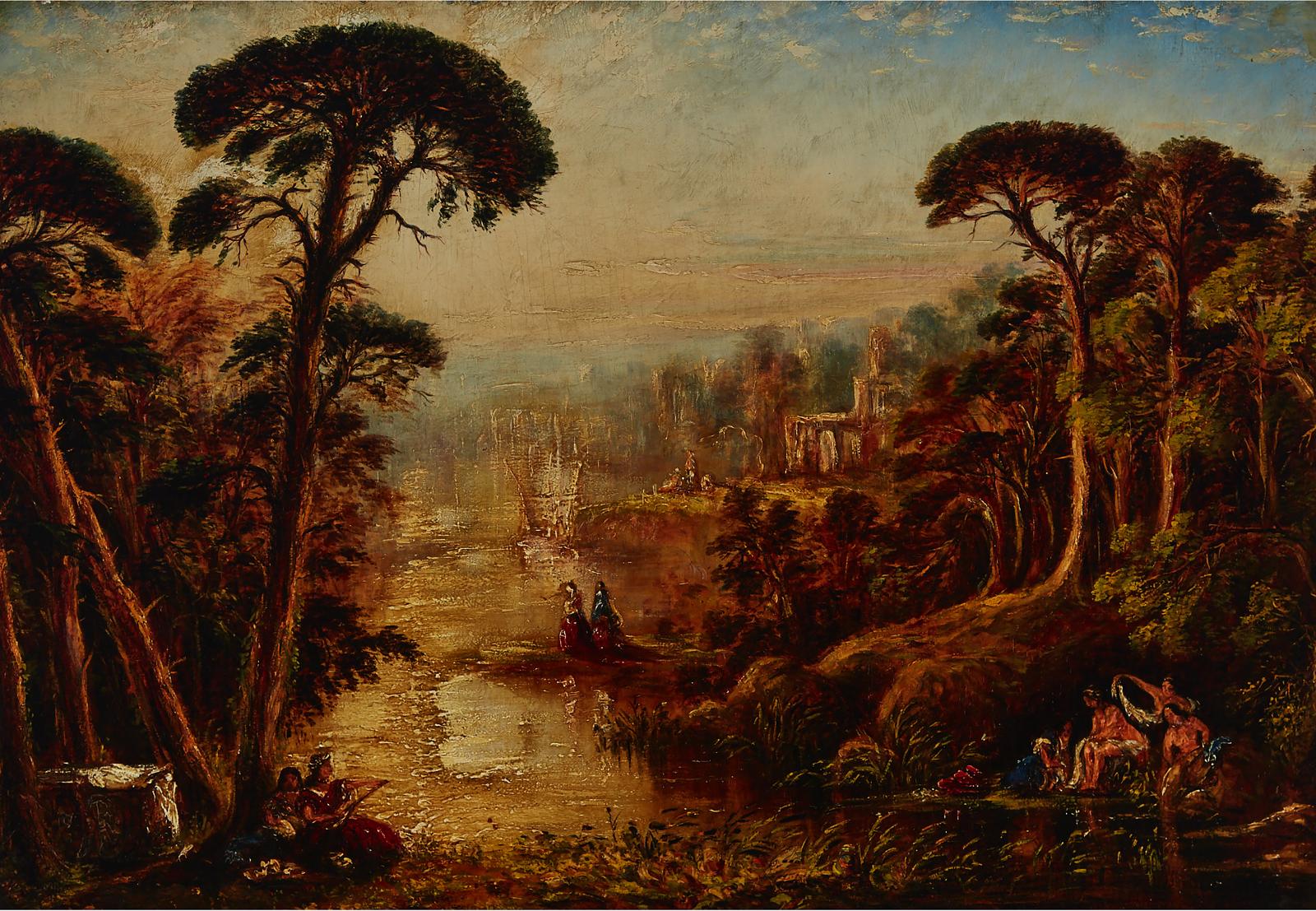 Hudson River School - Imaginary Landscape With Ruins, Elegant Figures And Native Americans Playing Musical Instruments