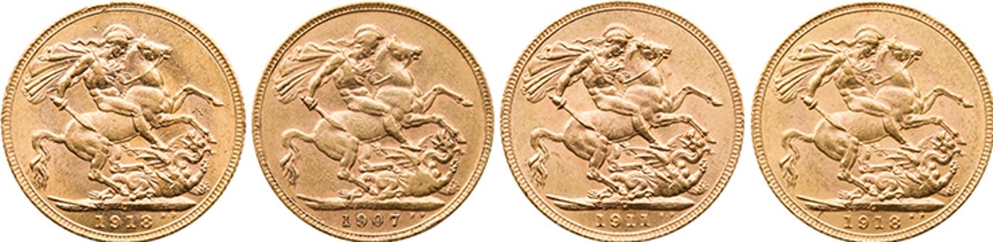 Canada - Three George V Gold Sovereigns 1911 and 1918 x 2, Ottawa Mint, and a Edward VII Gold Sovereign 1907, Perth Mint, Total AGW 0942 oz