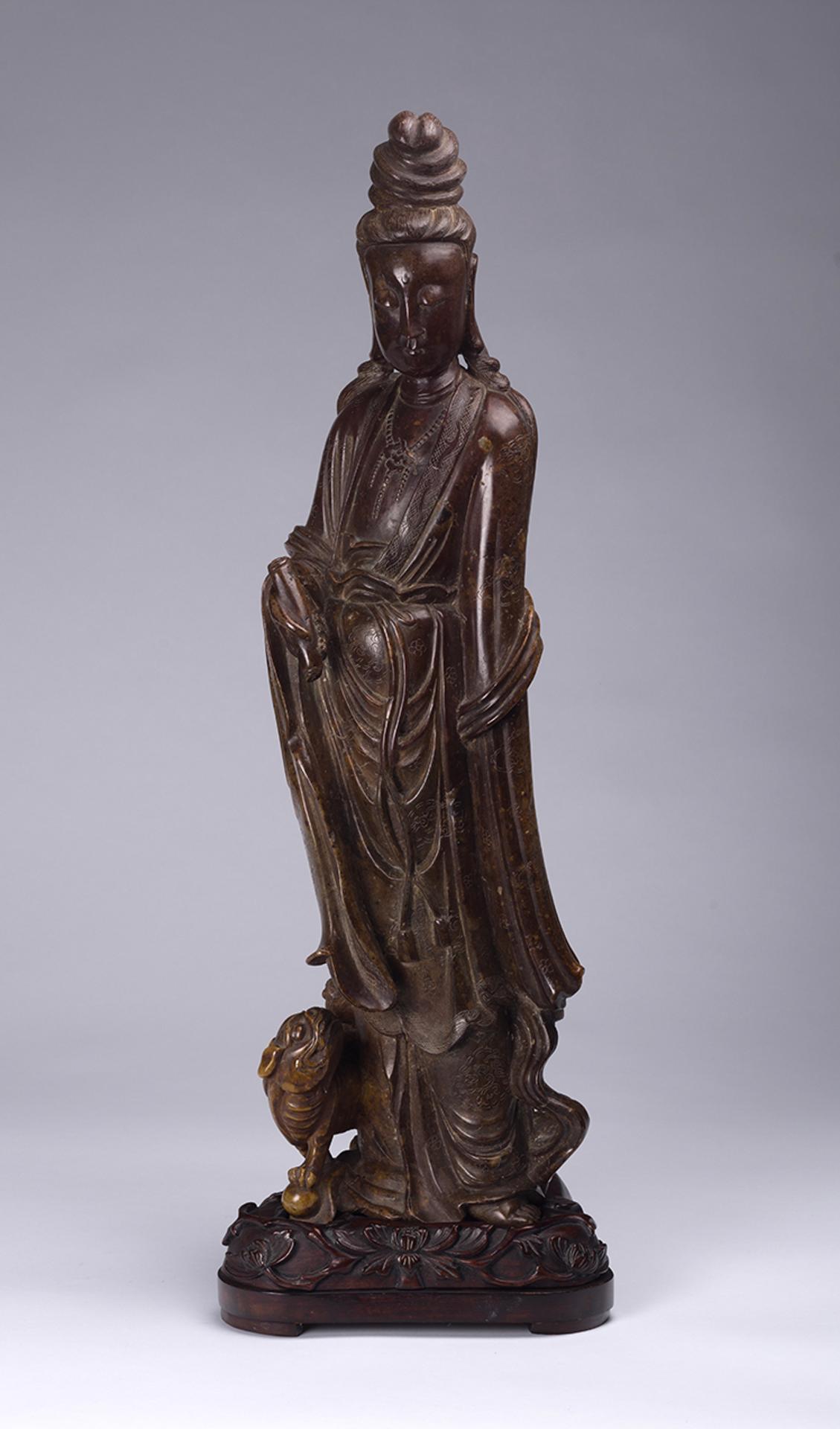 Chinese Art - Large Chinese Soapstone Carved Guanyin and Fu-Lion Group, Early 20th Century