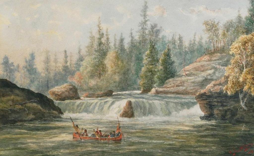 William Armstrong (1822-1914) - An Indian Canoe With Travellers Passing By The Rapids