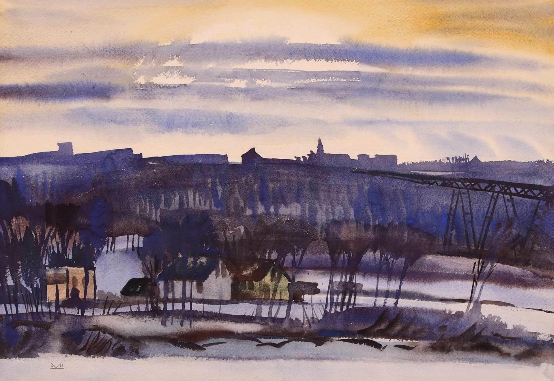 Illingworth Holey (Buck) Kerr (1905-1989) - Twilight Cityscape With Bridge