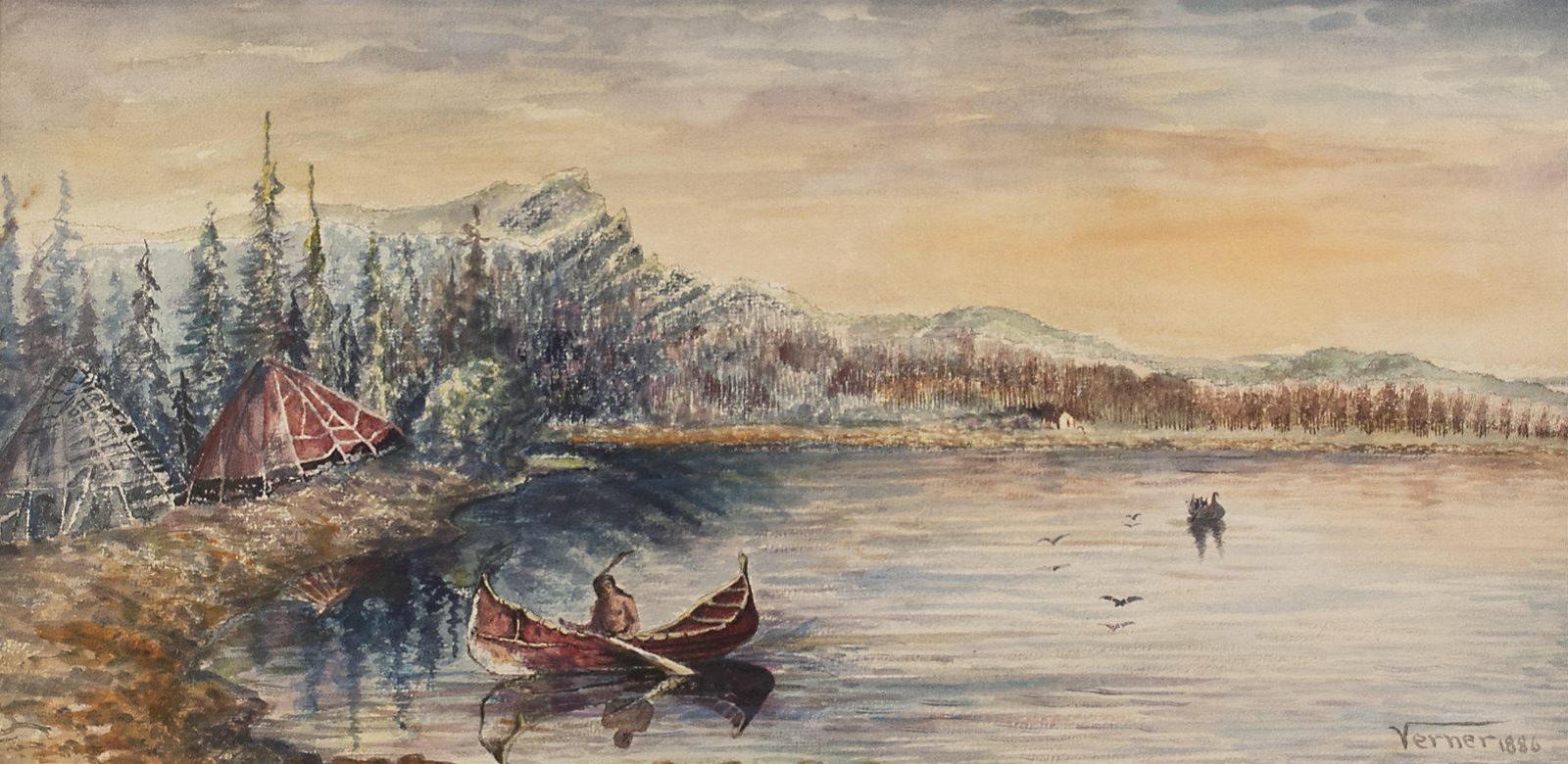 Frederick Arthur Verner (1836-1928) - Paddler Approaching An Encampment; 1886