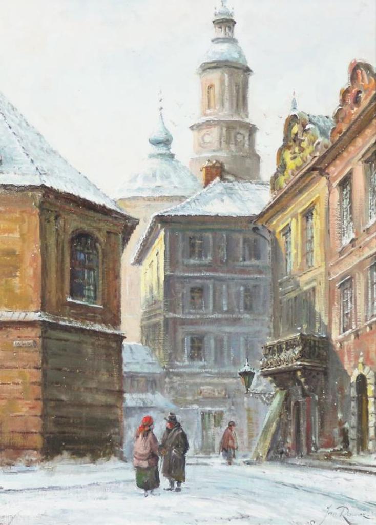 Jan Rawicz (1914) - Couple Talking In A City Street With Towers In The Background