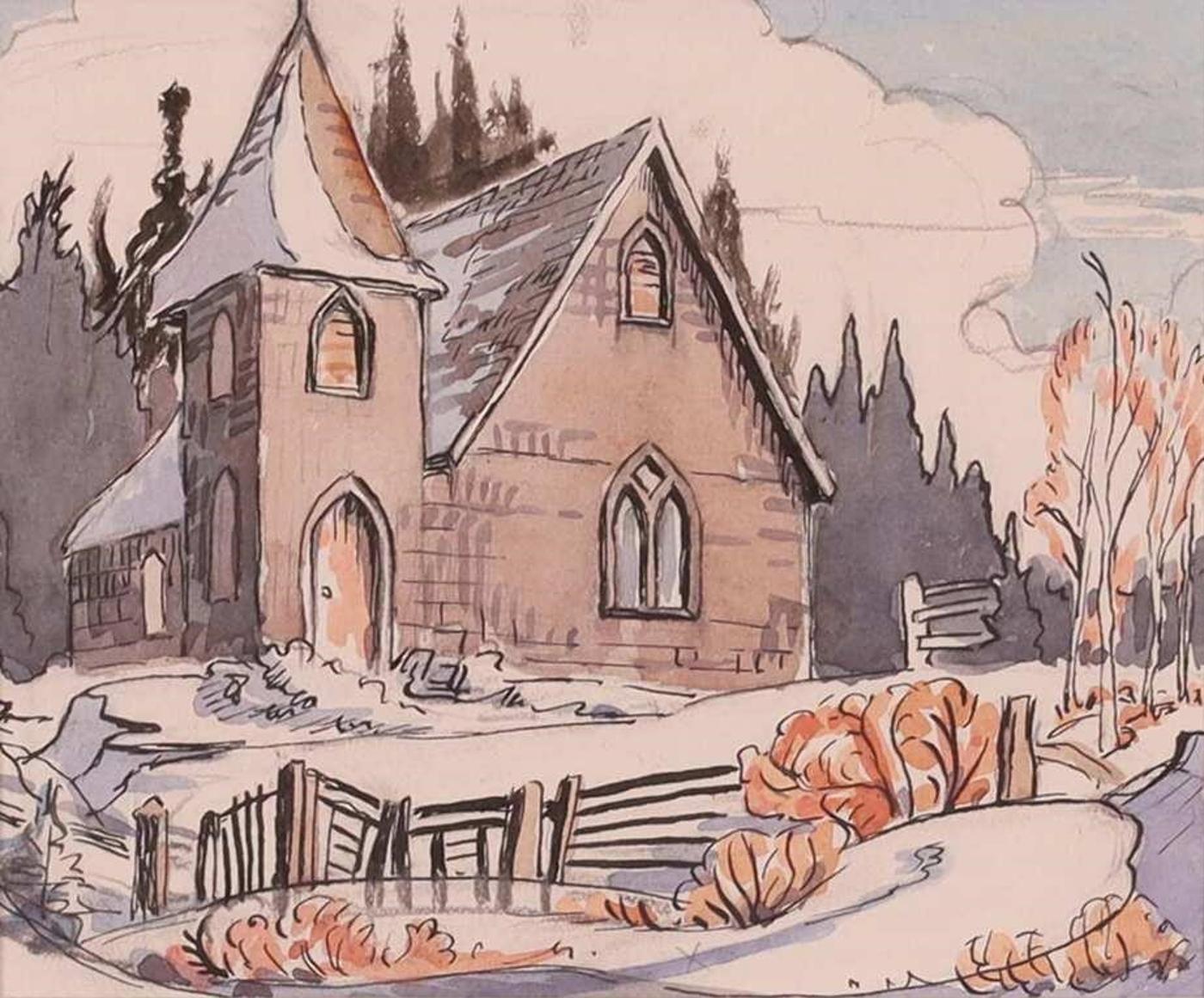 Margaret Dorothy Shelton (1915-1984) - Church In Winter (Monte Creek, B.C.)