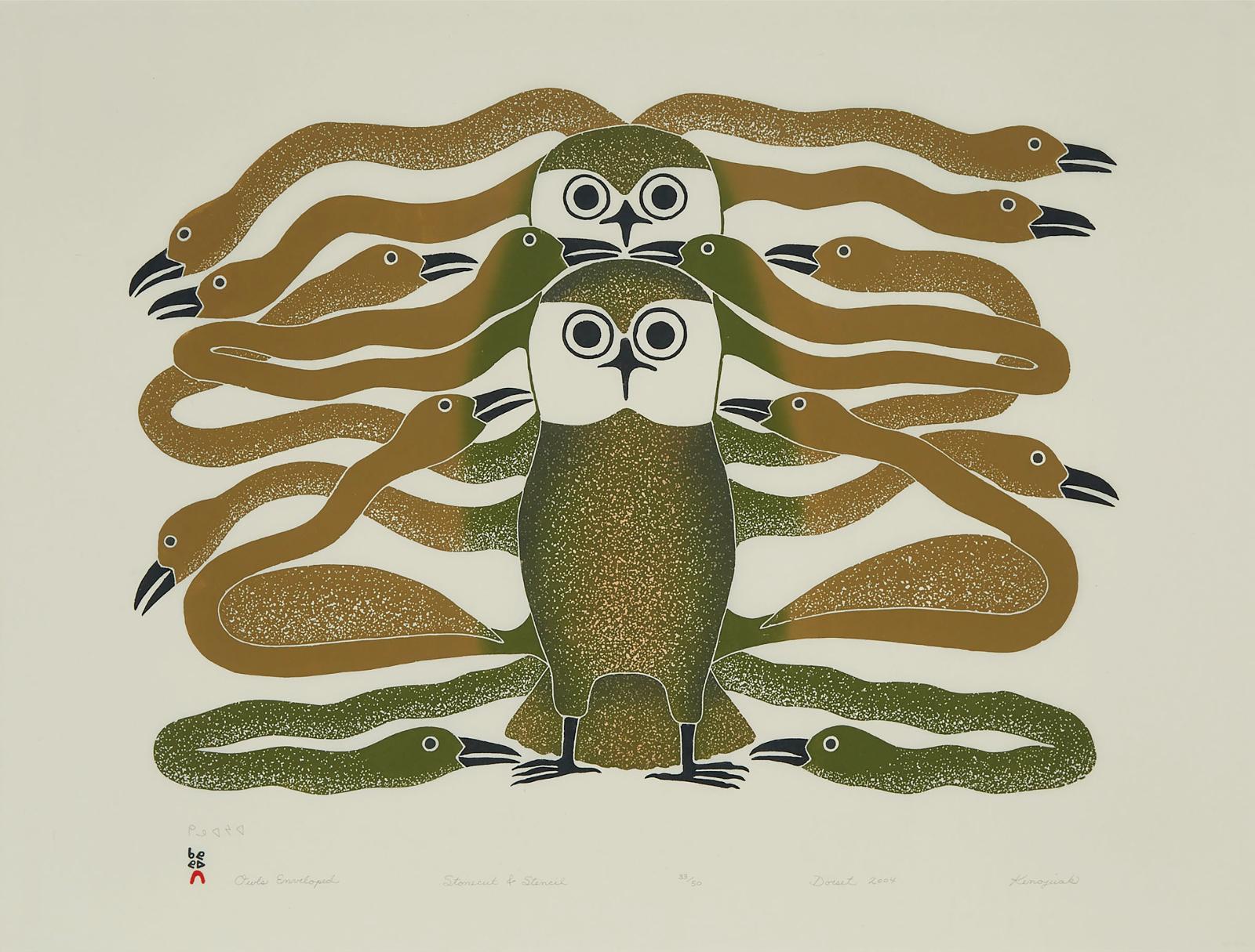 Kenojuak Ashevak (1927-2013) - Owls Enveloped