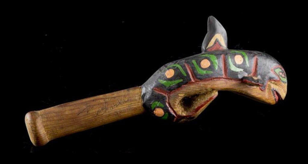 Simon Charlie (1919-2005) - a carved and polychromed cedar Killer Whale rattle