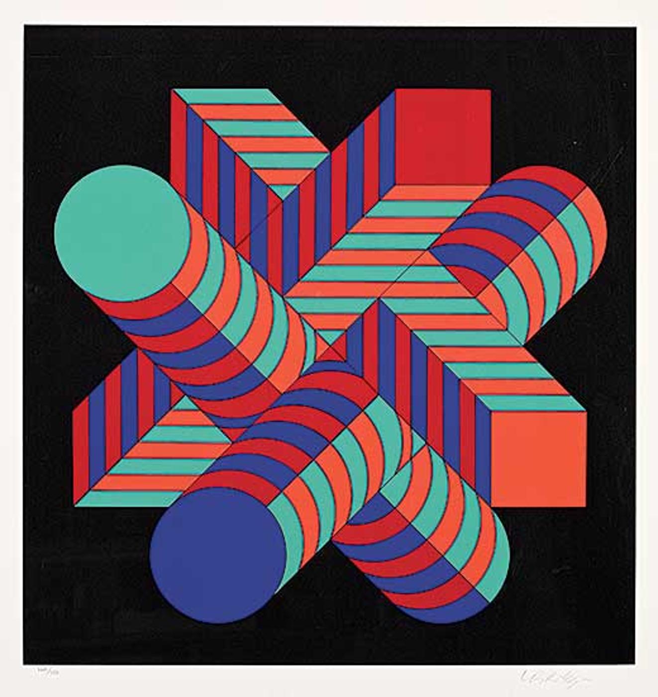 Victor Vasarely (1906-1997) - Untitled - Red, Blue and Turquoise Shapes #220/250