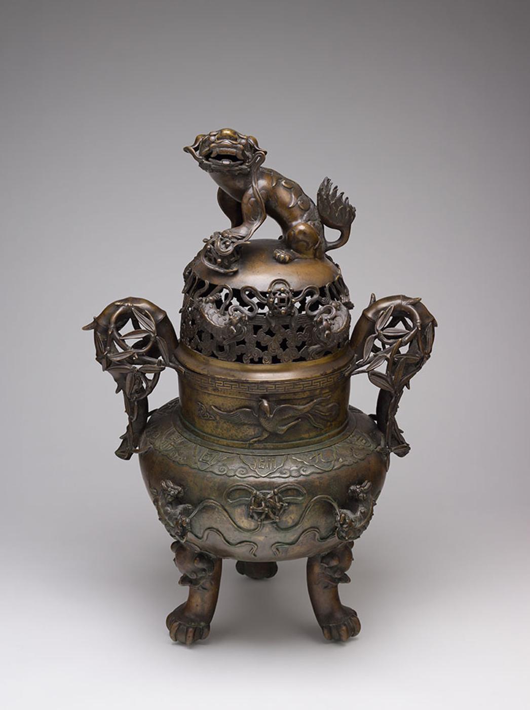 Japanese Art - A Very Large Japanese Bronze 'Shishi' Tripod Censer and Cover, Meiji Period (1868-1912)