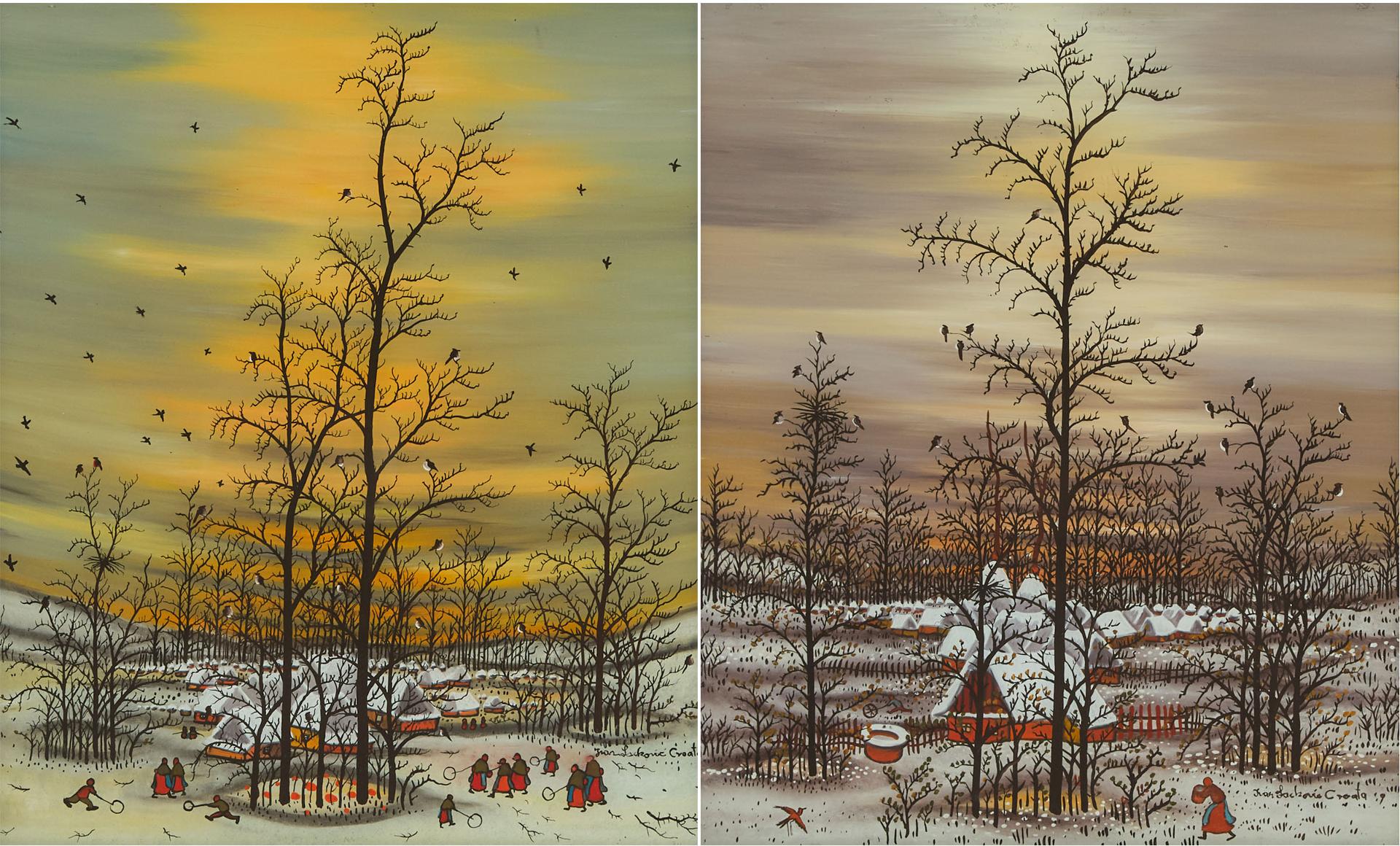 Ivan Lacković - Figures Playing In A Snowy Village  Landscape; Peasant Walking In A Winter Landscape