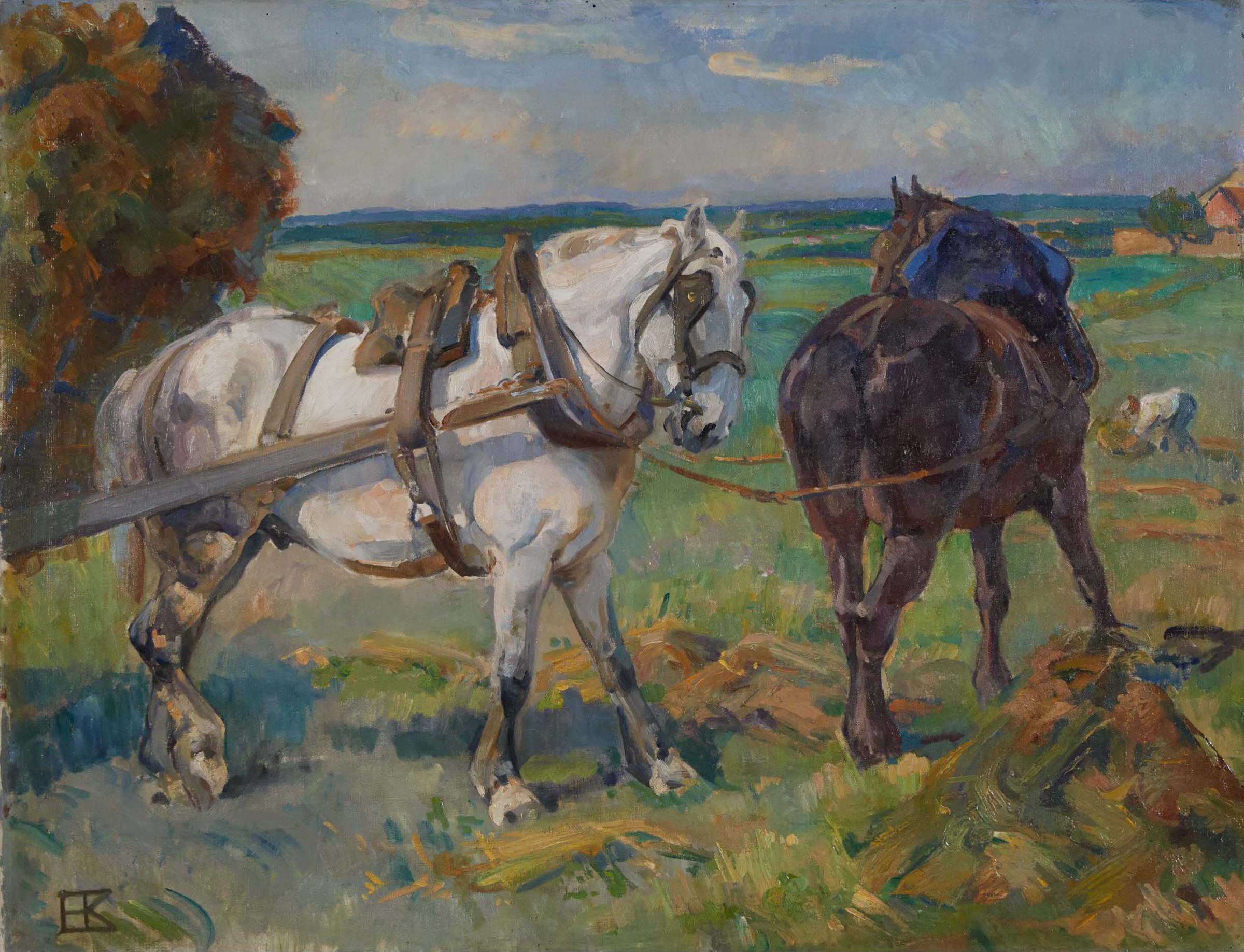 Helvig Agnete Kinch (1872-1958) - Farm Horses Pulling Hay Cart