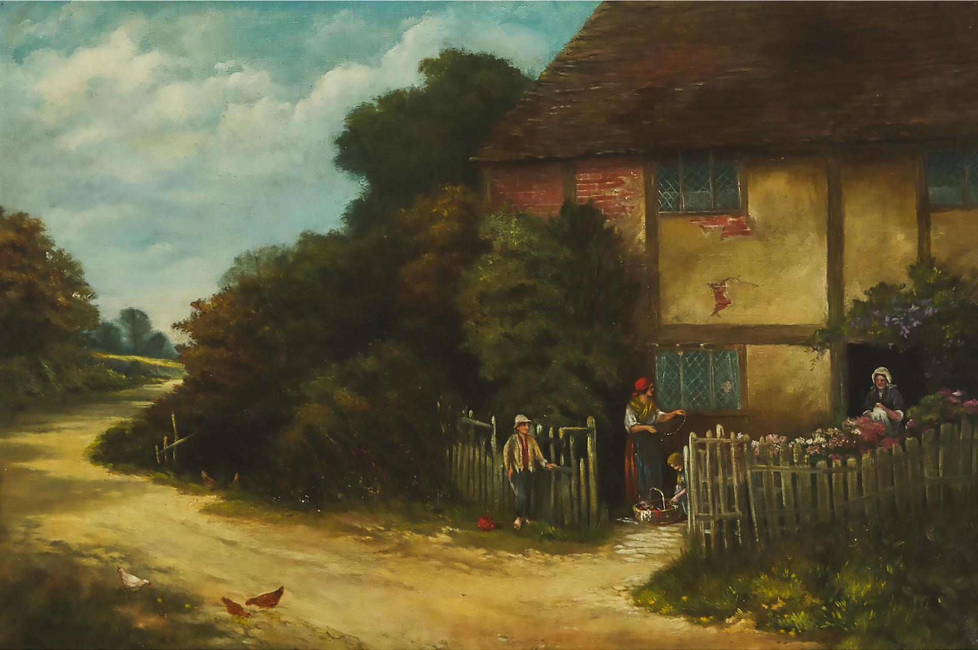 British - Family Outside Cottage With Chickens