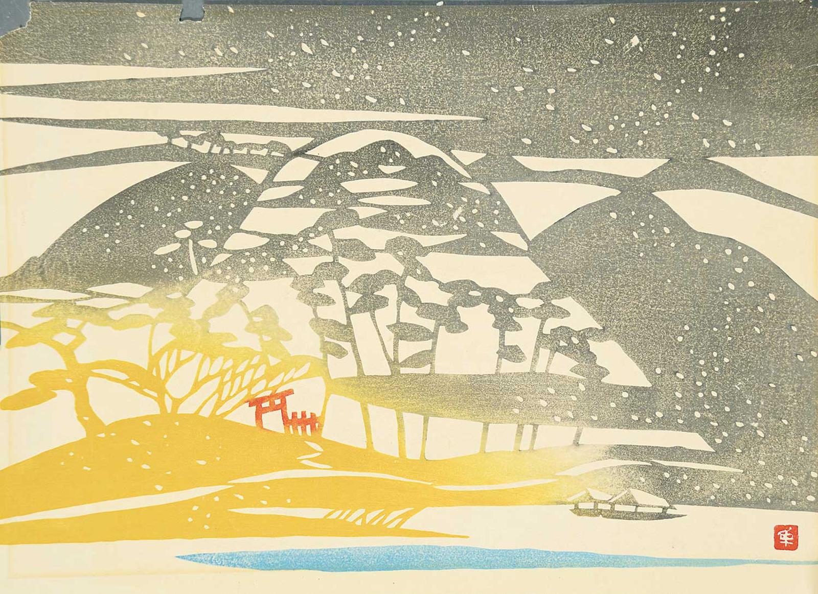 Japanese School - Untitled - Snow on the Mountains above a Fishing Village