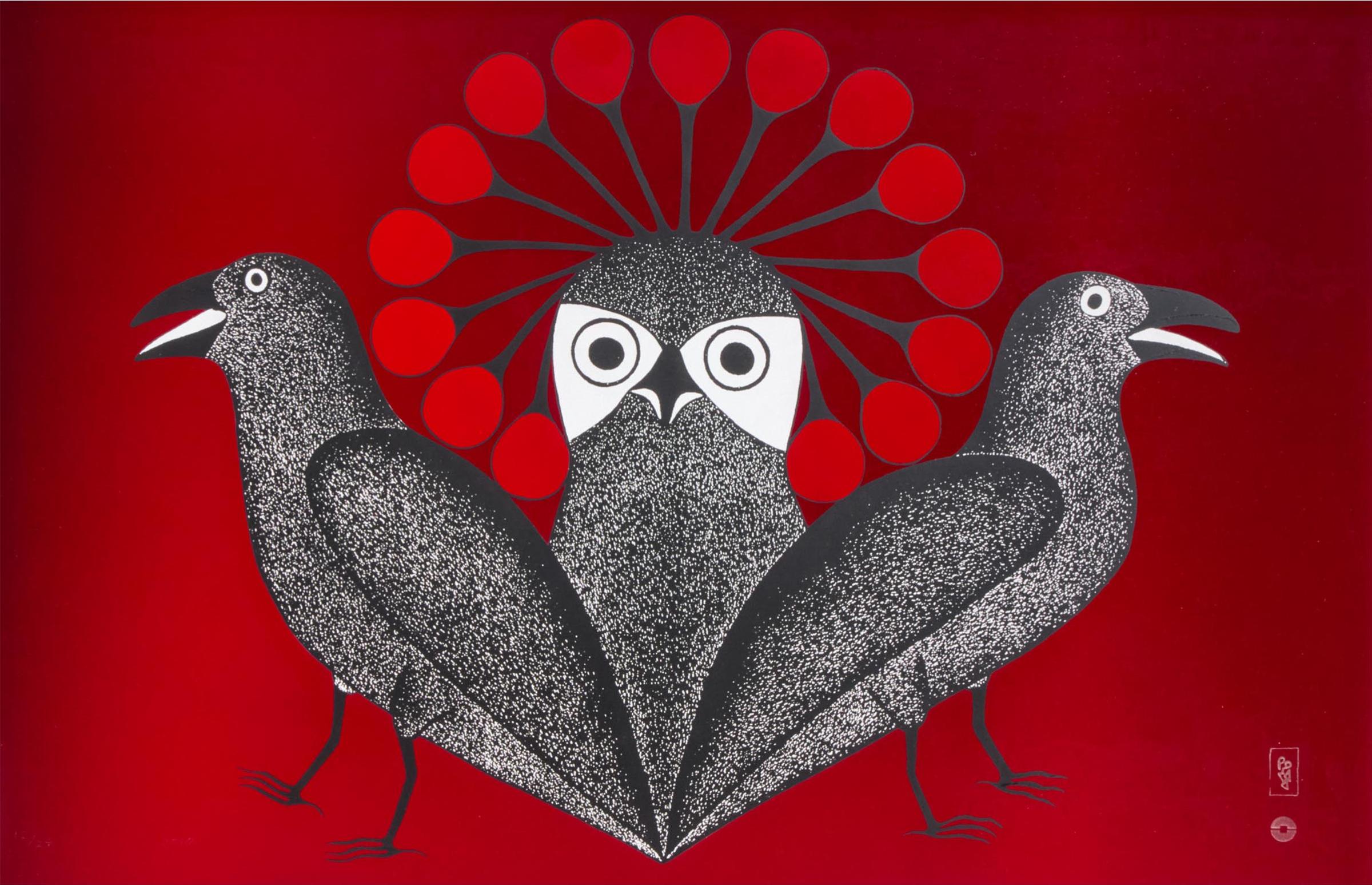 Kenojuak Ashevak (1927-2013) - Owl And Ravens, 2010