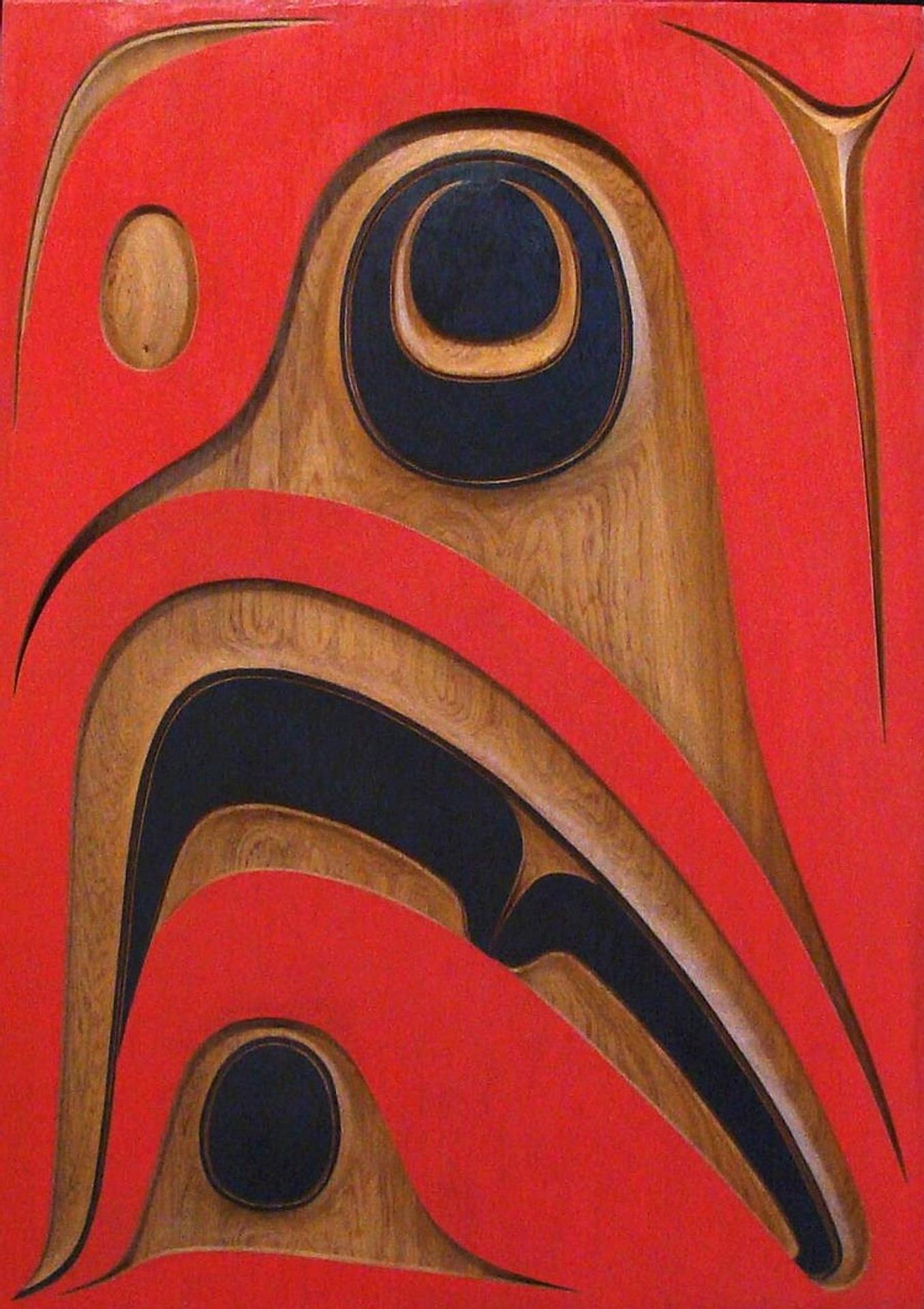 Robert Davidson and Sara Davidson (1946) - a hand carved and polychromed cedar panel titled Eagle Emerging