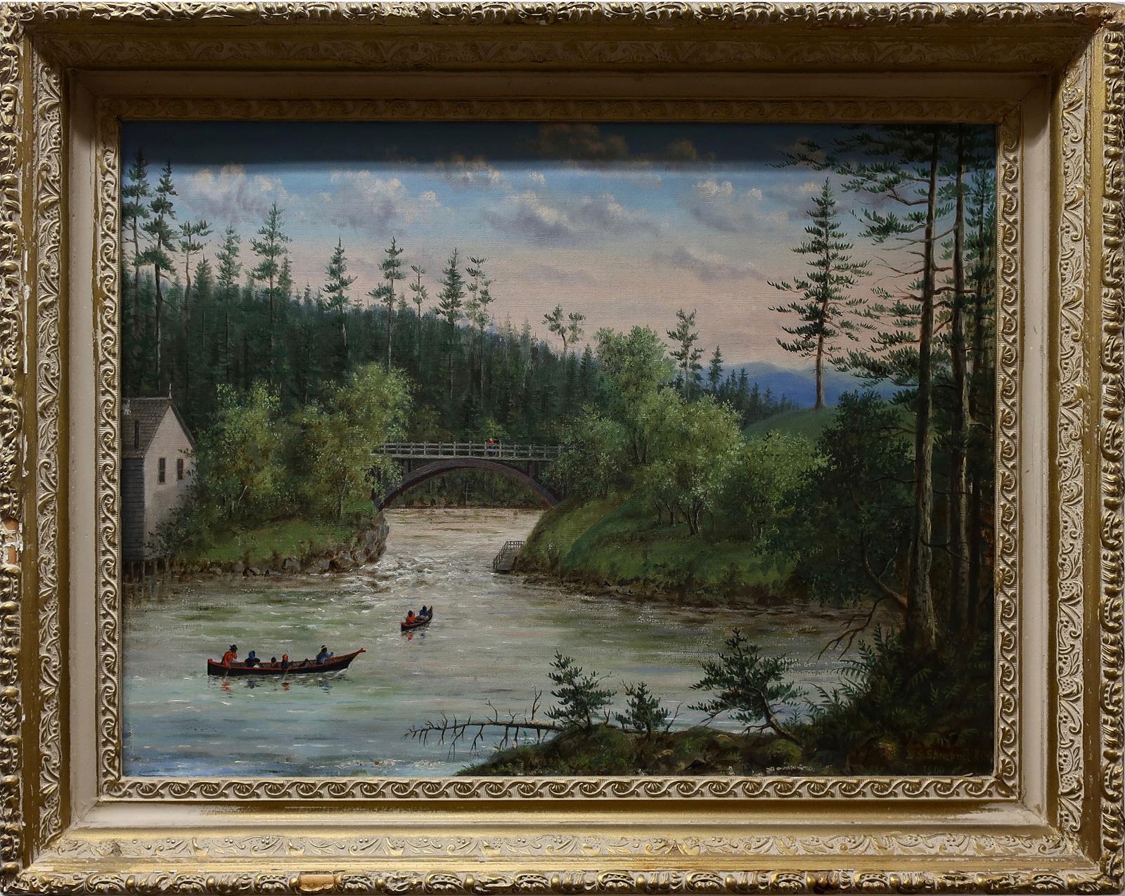 Edward Scrope Shrapnel (1847-1920) - Untitled (Indigenous Members Canoeing On River With Couple Above On Bridge)