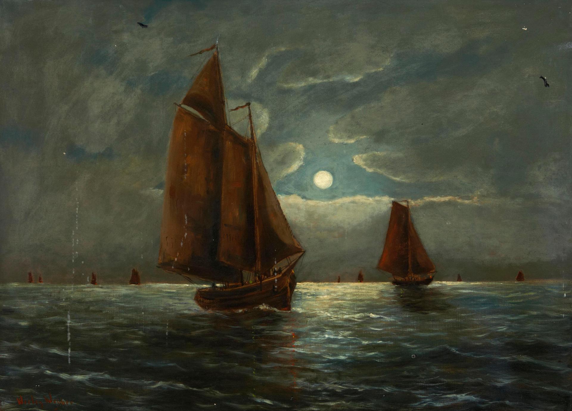 Elbridge Wesley Webber (1839-1914) - Boats in the moonlight