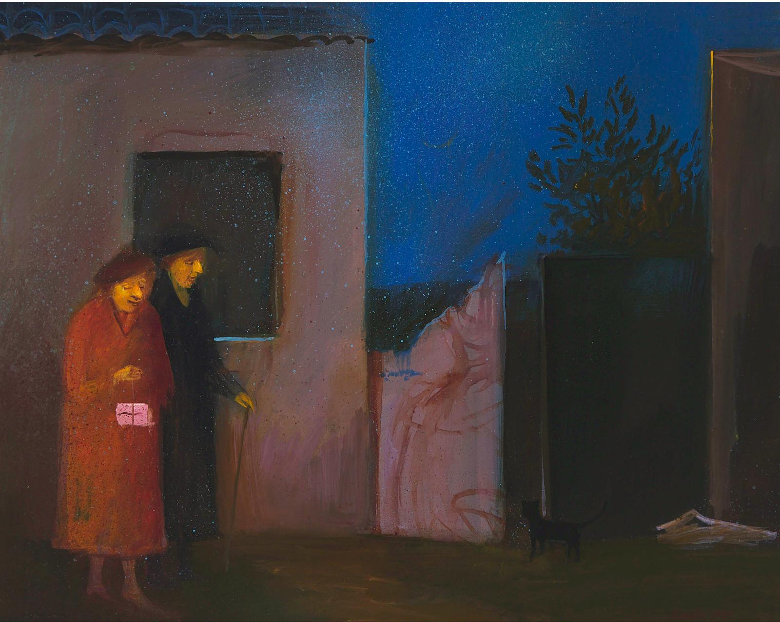 Ilona E. Ellinger Deak-Ebner (1943) - Este (Two Women Walking  On A Snowy Night With A Black Cat), 1981