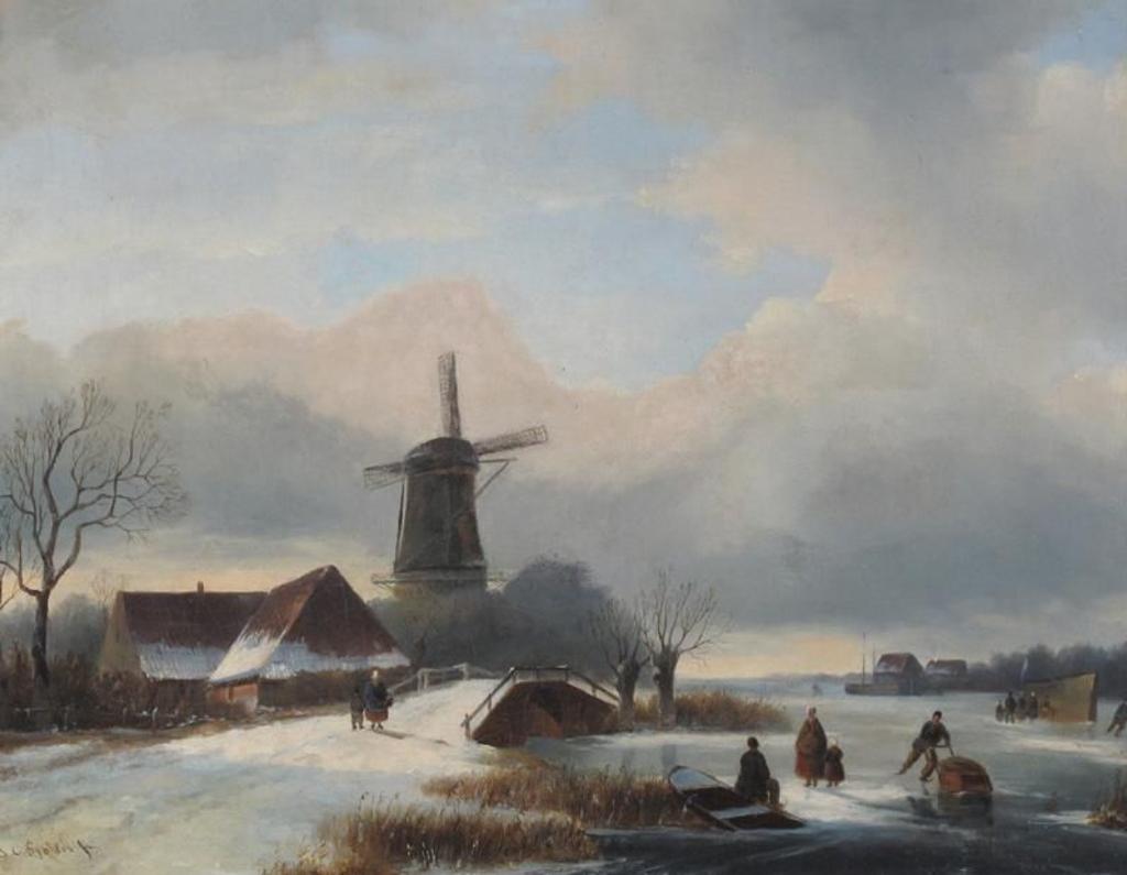 Jan Jacob Coenraad Spohler (1837-1923) - Winter Canal Scene With Bridge And Windmill
