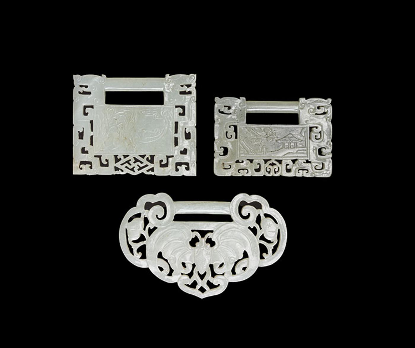 Chinese Art - Three Chinese Jade Carved Lock-Form Pendants, 19th Century