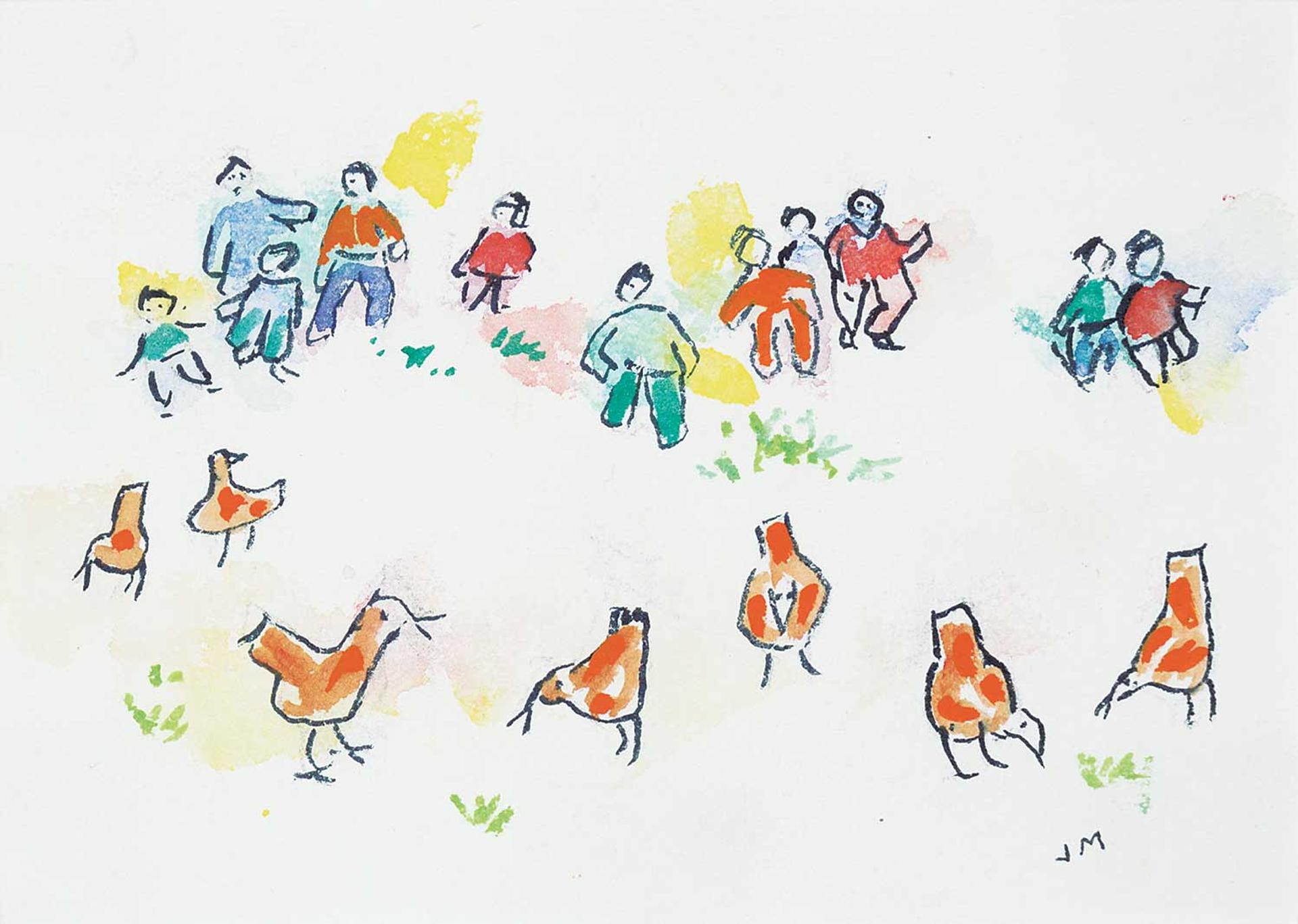 Janet Mitchell (1915-1998) - Untitled - Children Watching Chickens