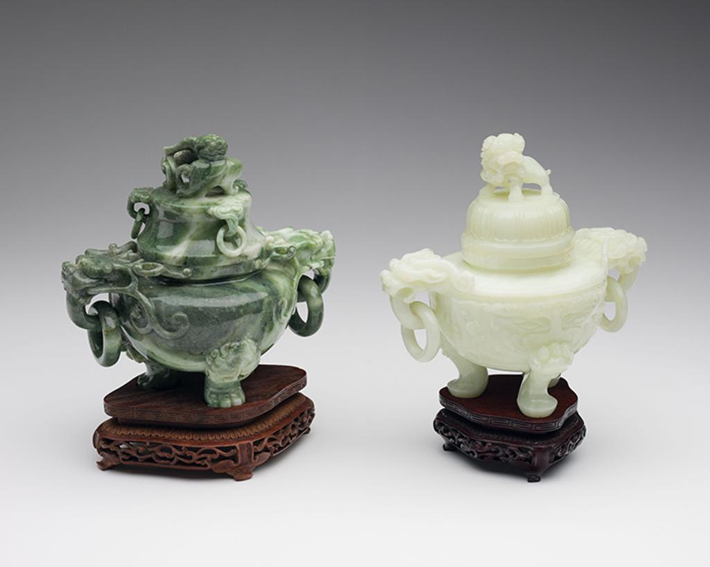 Chinese Art - A Pale Celadon Jade and a Green Jadeite Tripod Censer and Cover, Mid-20th Century