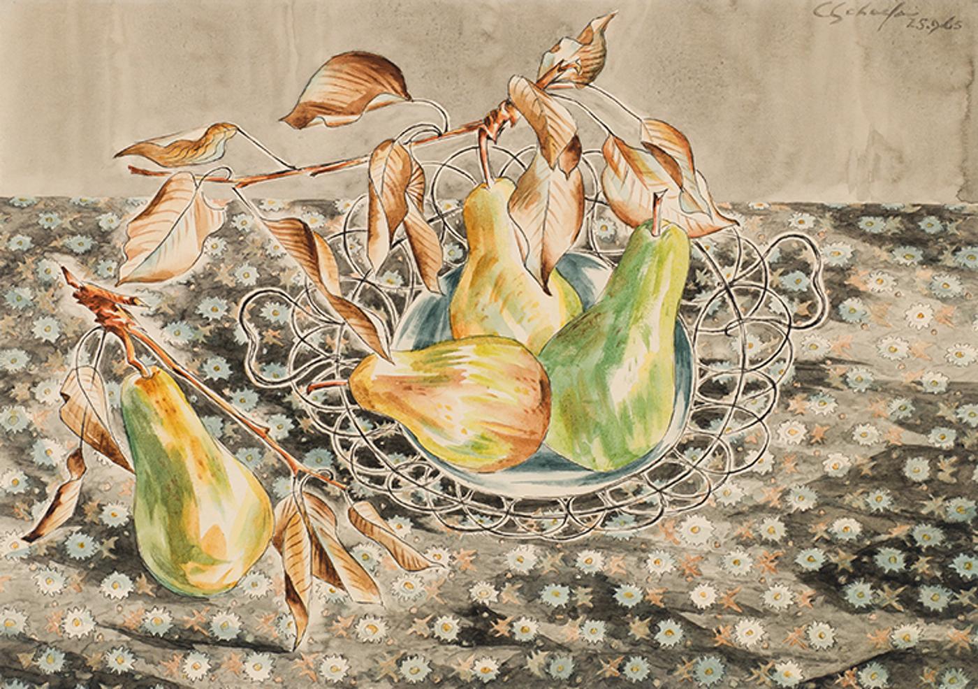 Carl Fellman Schaefer (1903-1995) - Pears and Wire Basket on a Printed Cloth, Version II