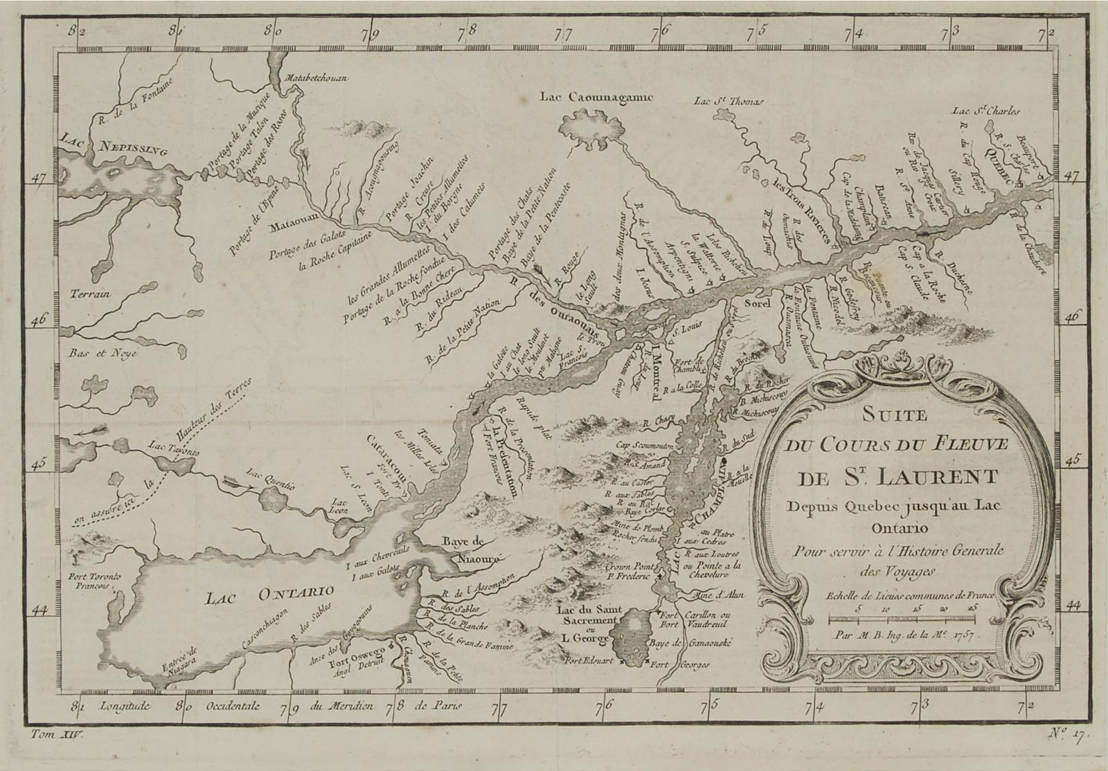 Jacques Nicholas Bellin (1703-1772) - Suite Du Cours Du Fleuve De St. Laurent, Depuis Quebec Jusqu'au Lac Ontario, 1773