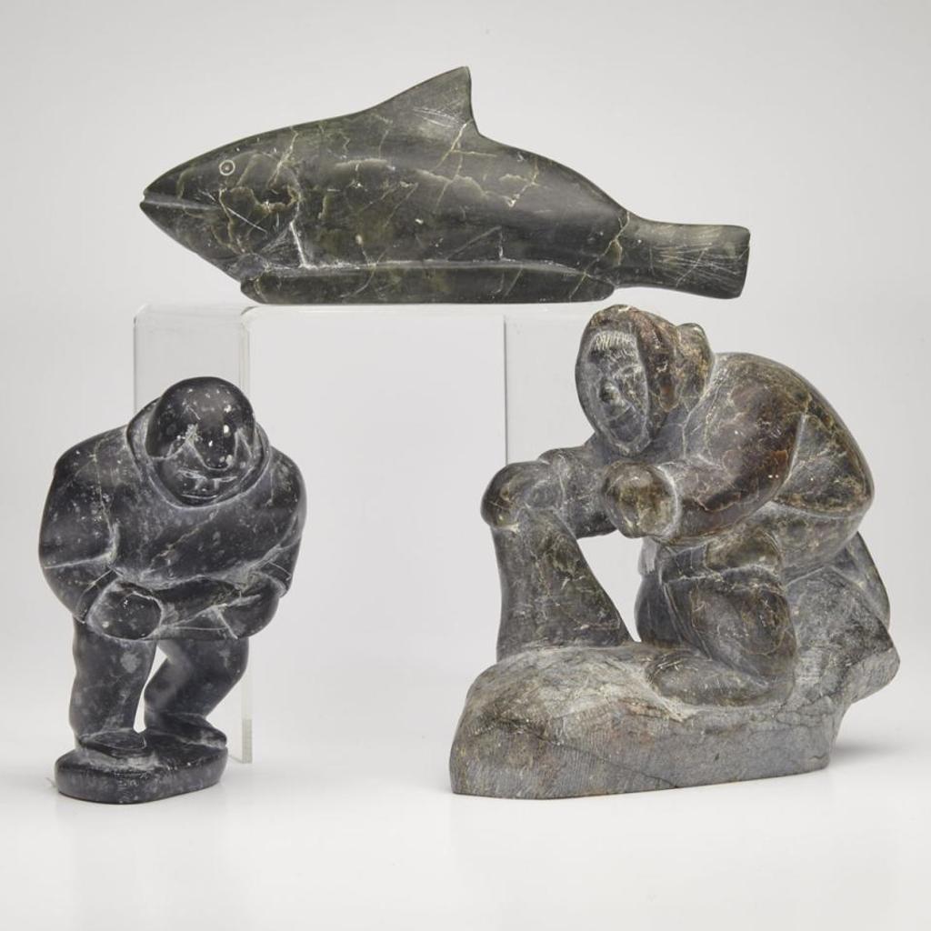 Allie Kasudluak (1926-1982) - Standing Hunter With Skin; Hunter With Seal; Fish