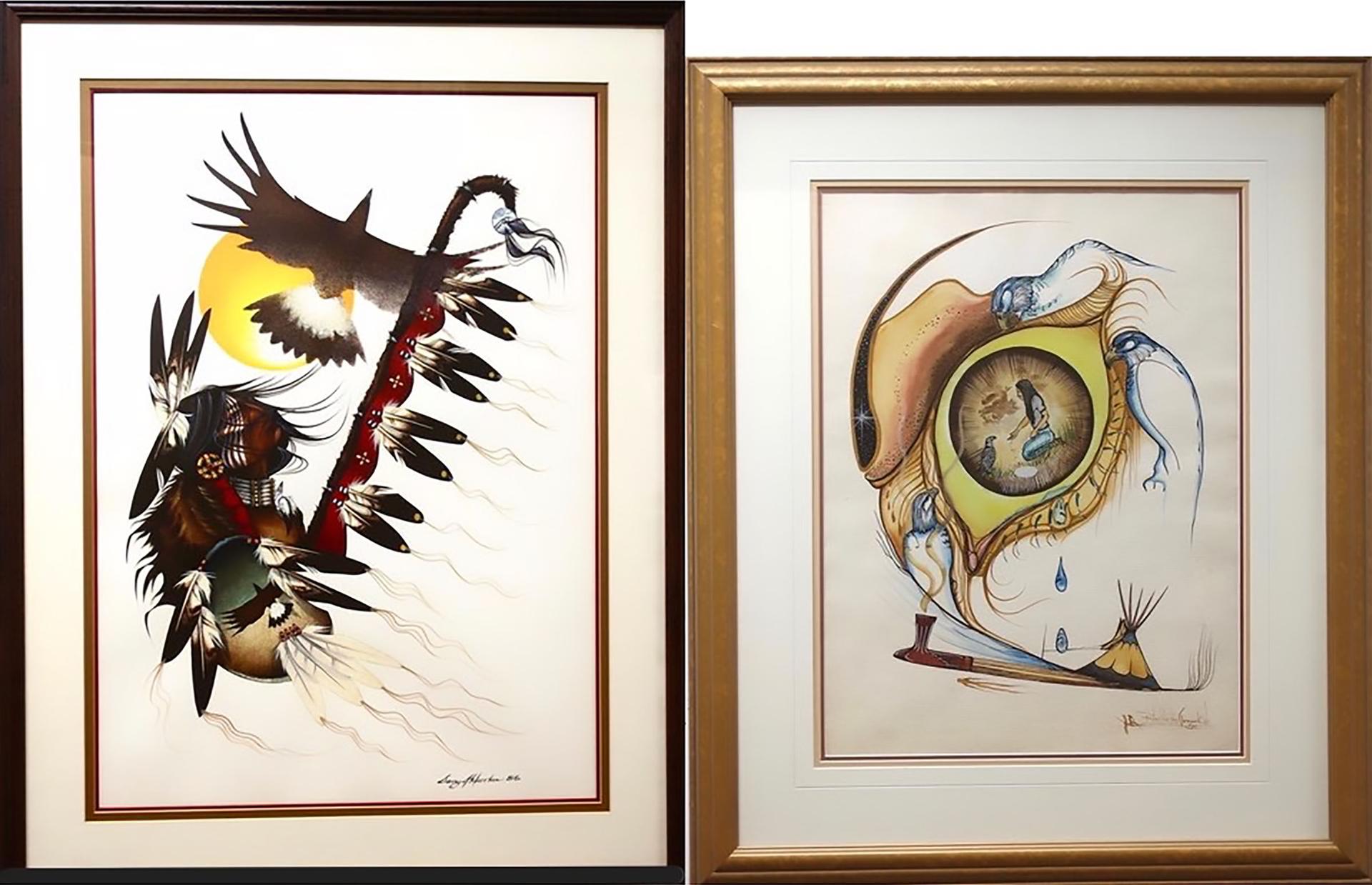 Garry J. Meeches (1957) - Untitled (Warrior With Eagle And Sun) & Untitled (Peace Pipe With Birds)