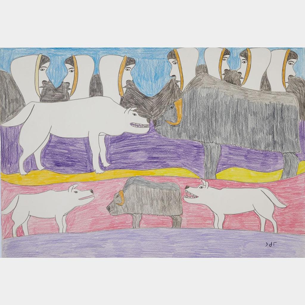 Simon Tookoome (1934-2010) - Untitled (2) (Hunters With Dogs And Musk Oxen)