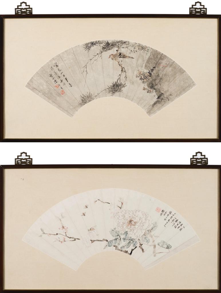 Chinese Art - Two Chinese Framed Fan Paintings of Floral and Fauna