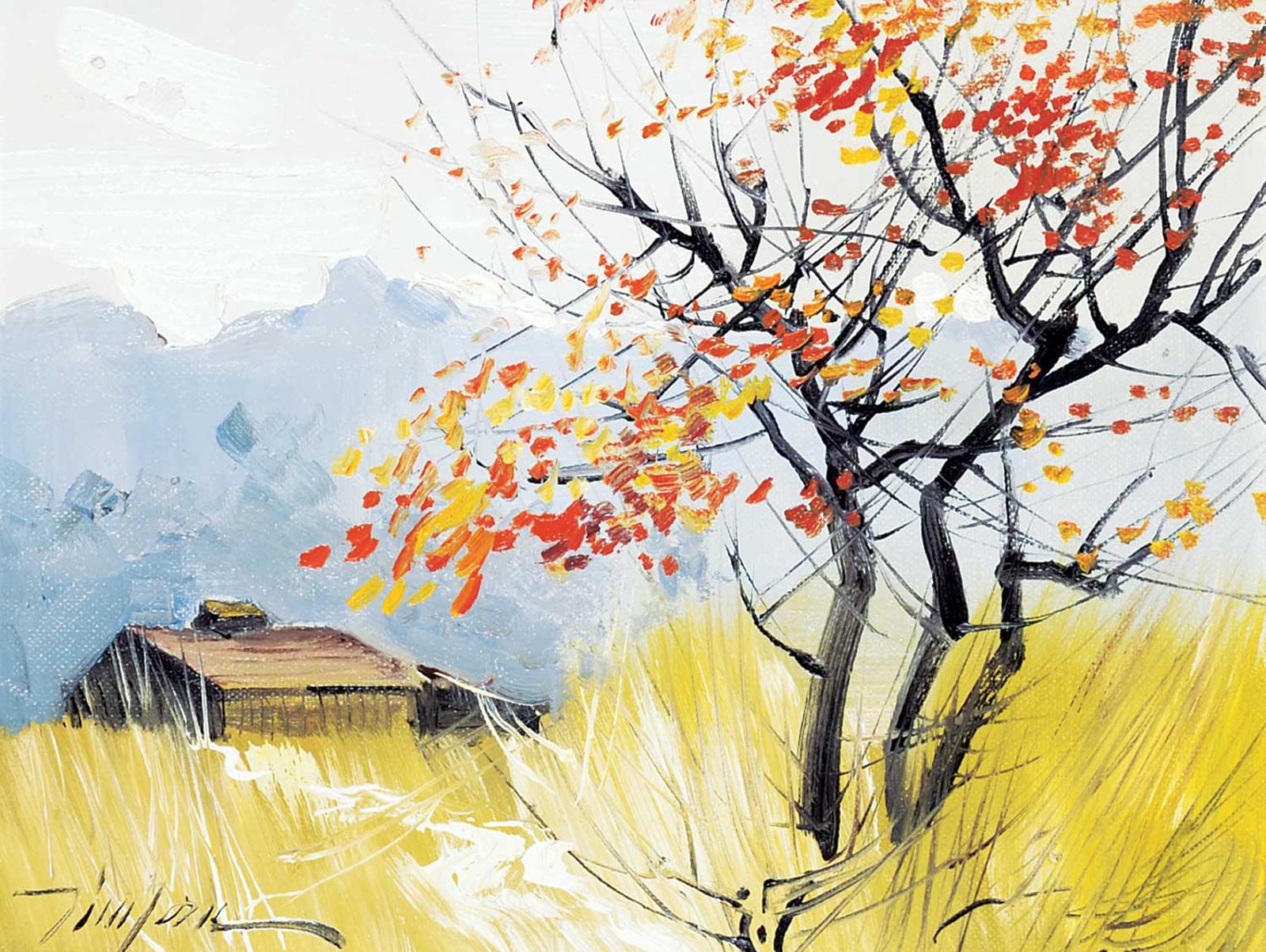 Tin Yan Chan (1942) - Untitled - Red Trees by the Barn