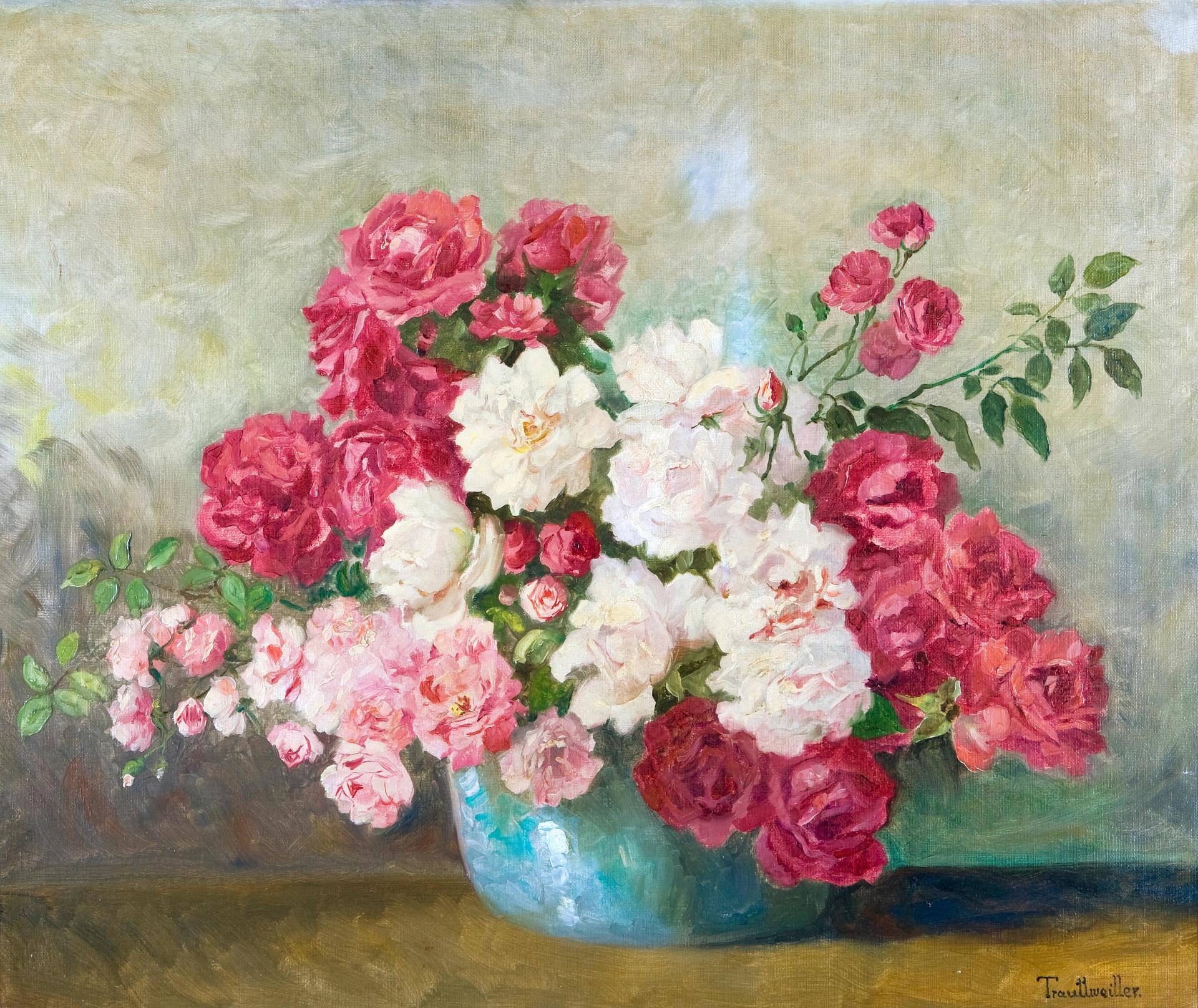 Stephanie von Trauttweiller (1888) - Still life with red and white roses in a bowl