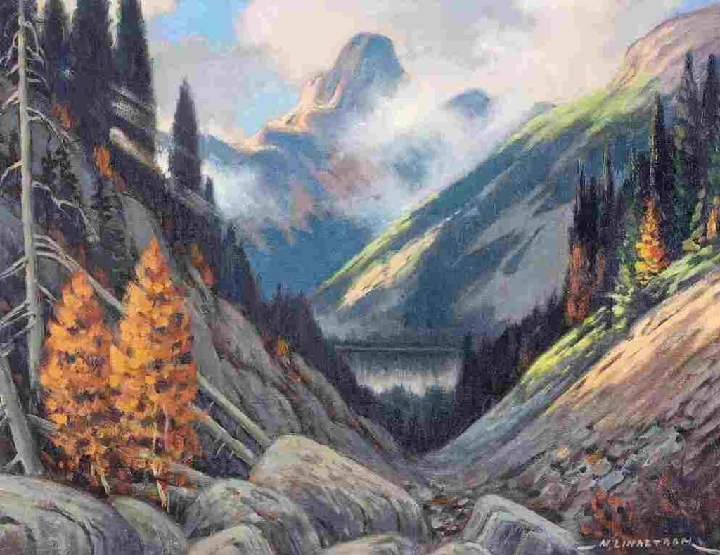 Matt Lindstrom (1890-1975) - Rocky Mountain Landscape With Larch And Misty Peaks