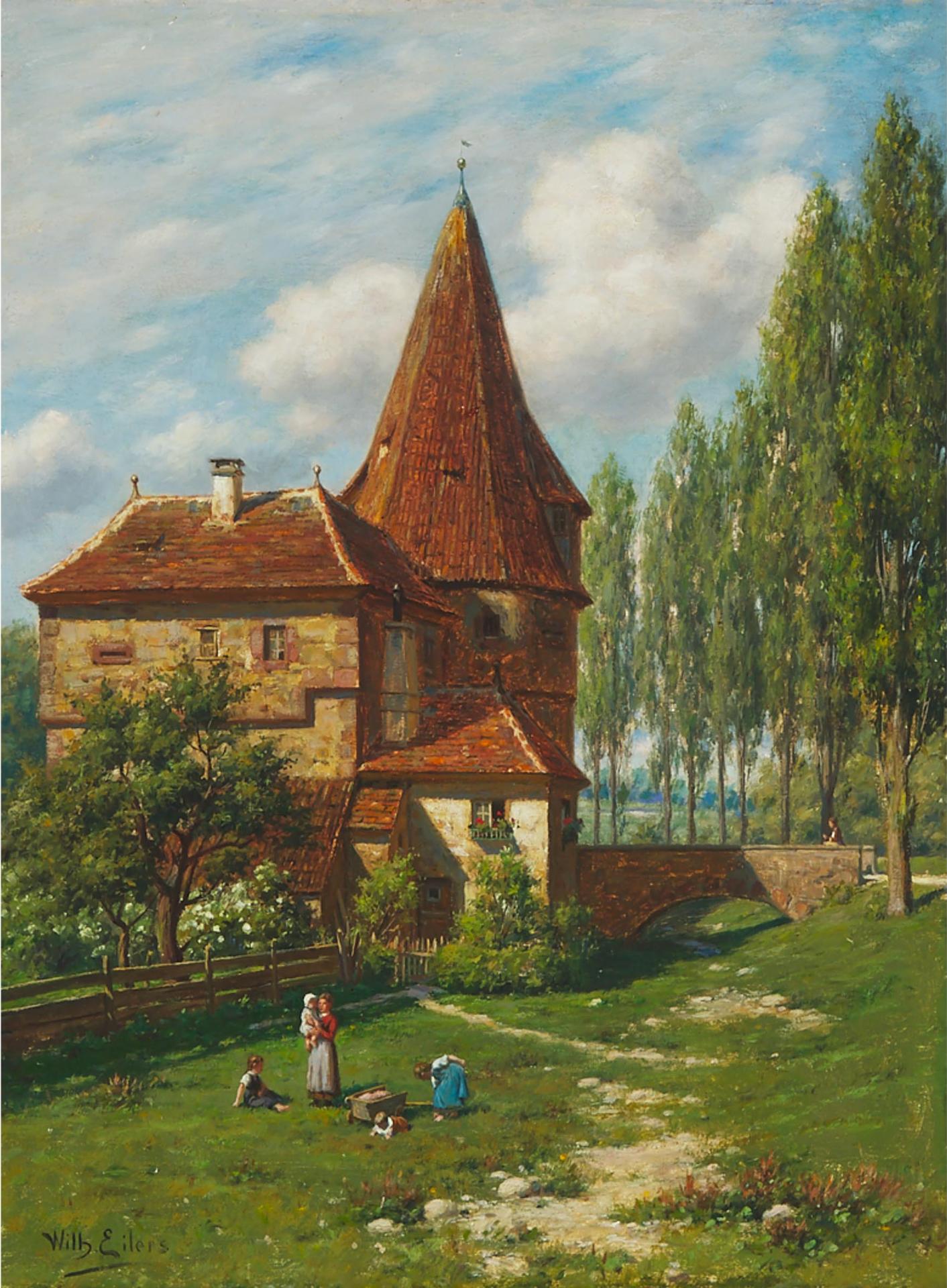 Wilhelm Eilers (1857-1919) - Altes Tor In Iphoten, Bahnlinie- Wurzburg, Nurnberg (Mother And Children Outside An Old Castle)