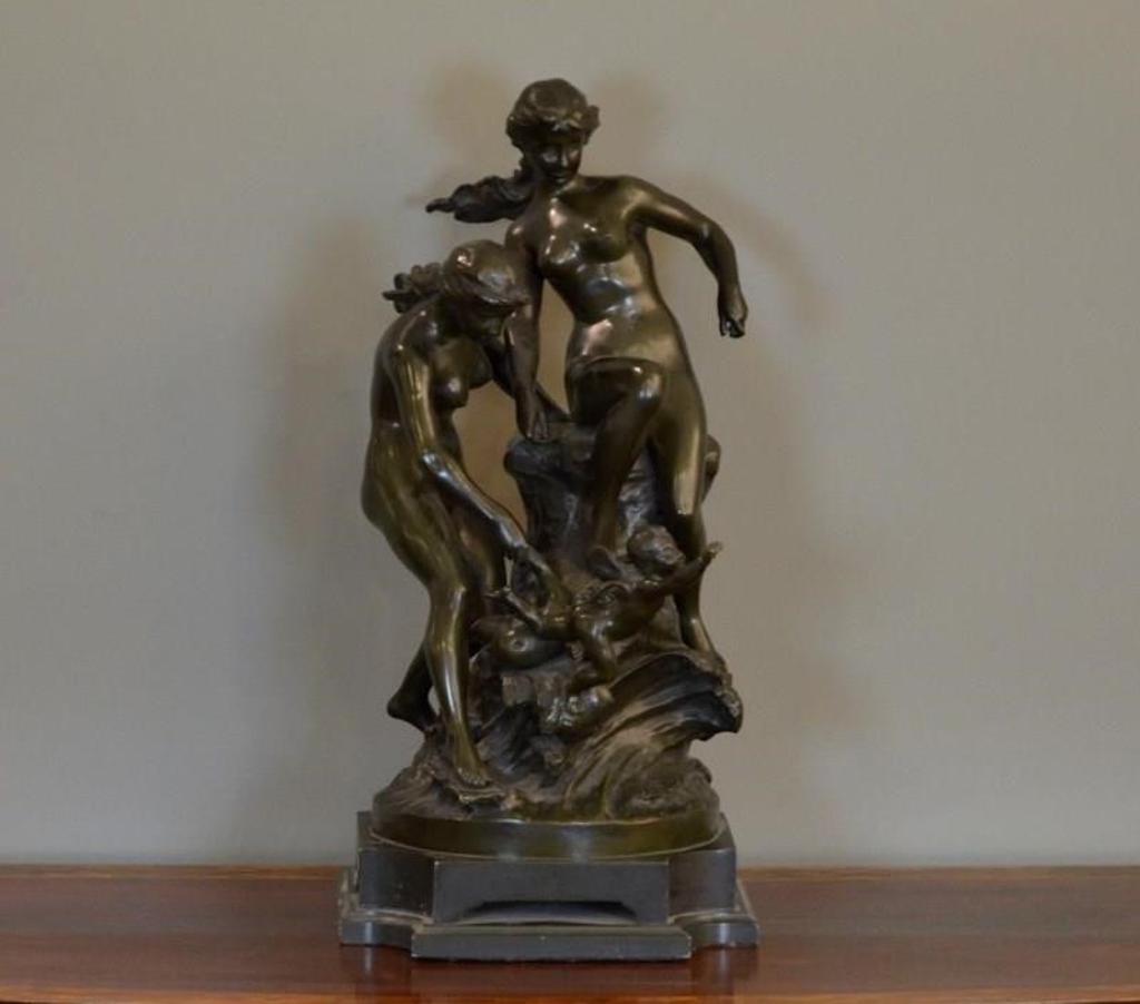 Edouard Drouot (1859-1945) - Patinated bronze of two nymphs with cherubs at the water. H including base 53.3 cm. (21 in.)