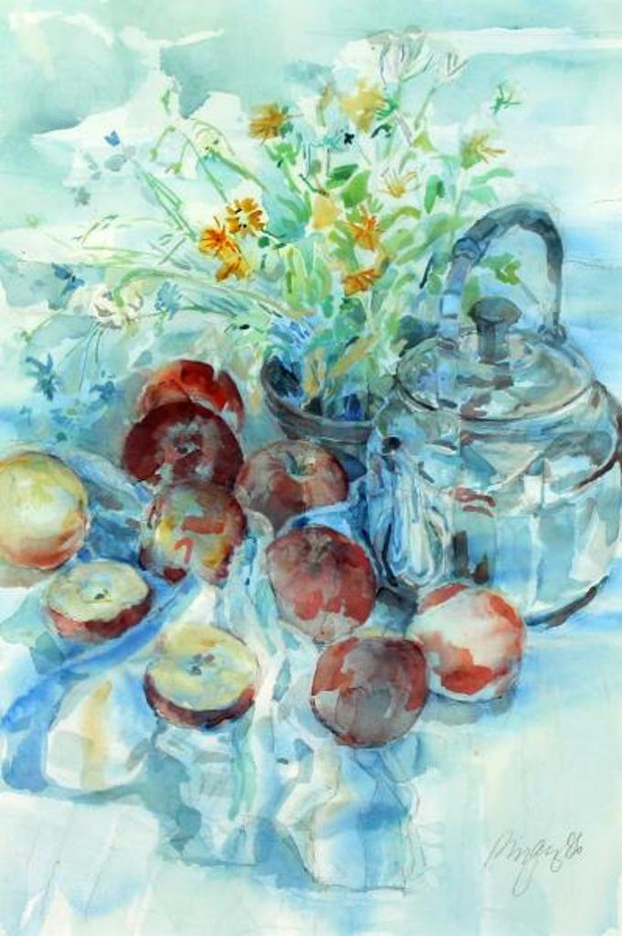 Jack Rigaux (1951) - Still Life With Teapot, Apples And A Flower Pot; 1986