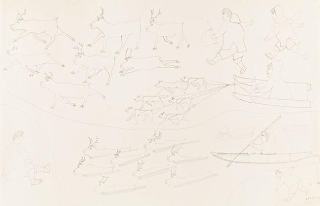 Harold Qarliqsaq (1928-1980) - Untitled(Caribou Hunting & Dog Sledding), Ca. mid 1970s, Graphite drawing