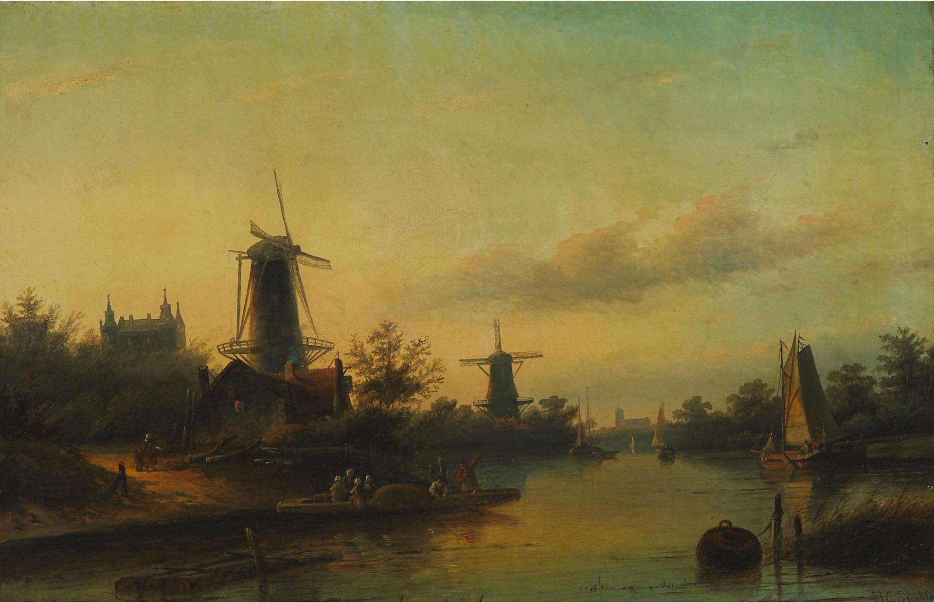Jacob Jan Coenraad Spohler (1837-1923) - Villagers In Boats On A Dutch Waterway With Windmills On Shore With The Sint-Michaëlskerk Of Oudewater In Distance