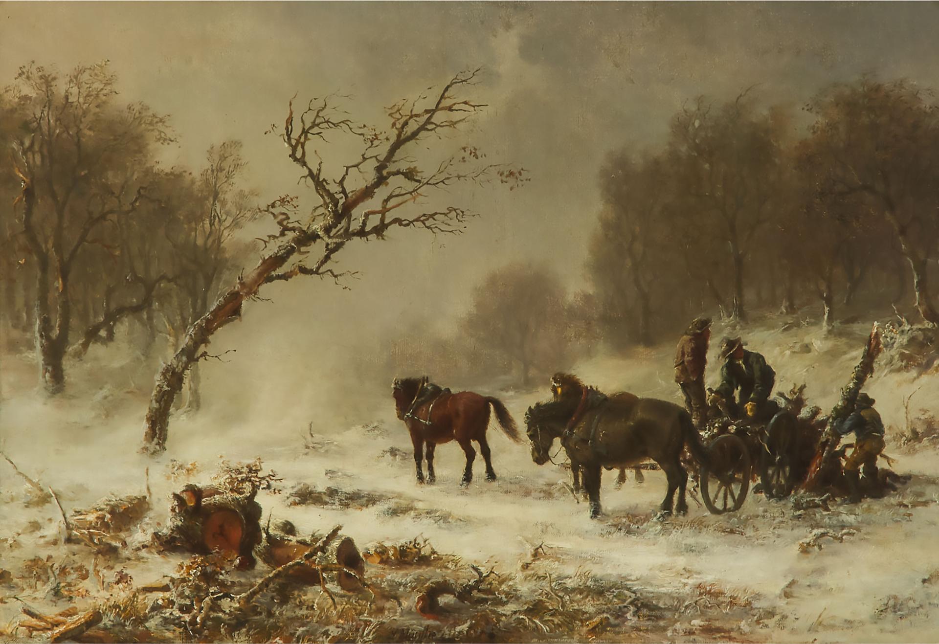 Ludwig Munthe (1841-1896) - Vinterlandskap Med Timmervagn, 1862