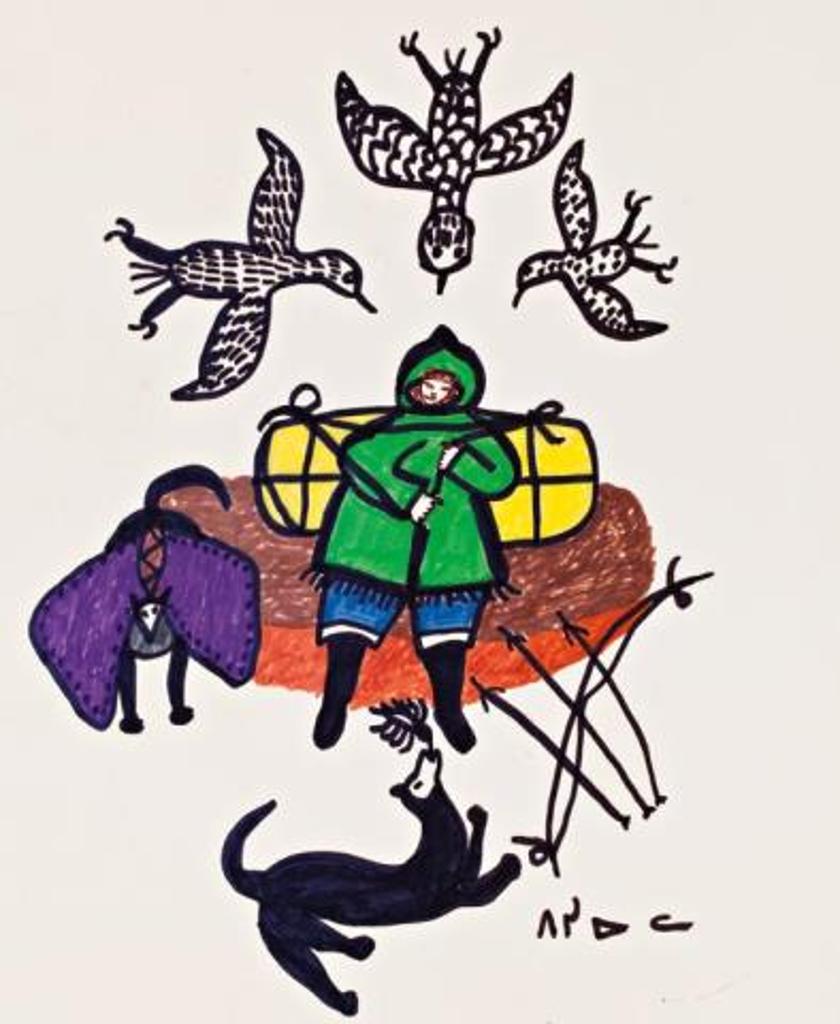 Pitseolak Ashoona (1904-1983) - Untitled (Summer Traveller with Caribou, and Three Birds), ca. 1970-73