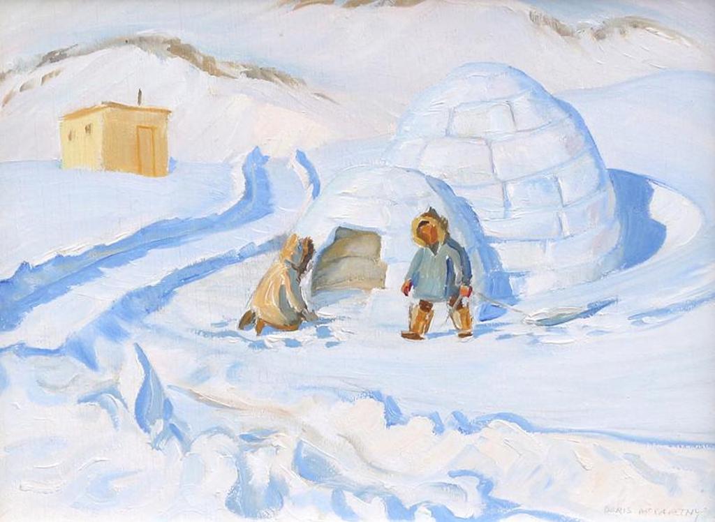 Doris Jean McCarthy (1910-2010) - Arctic Scene, Children With Sled By An Igloo