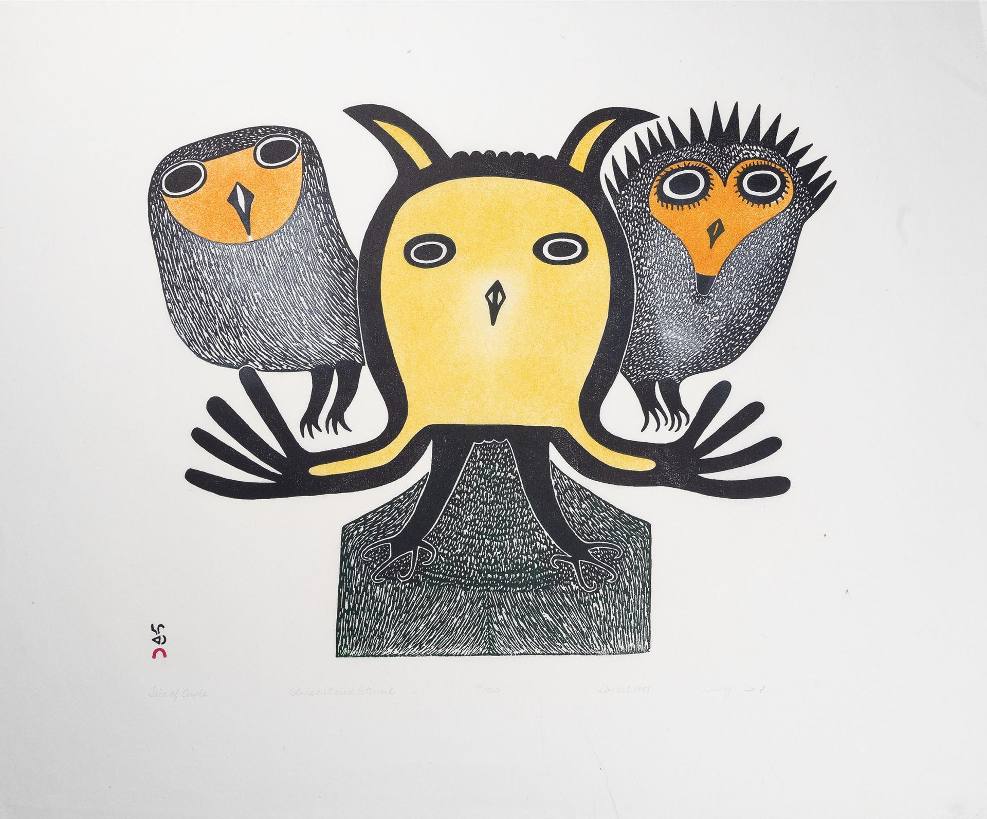 Lucy Qinnuayuak (1915-1982) - Trio Of Owls, 1981