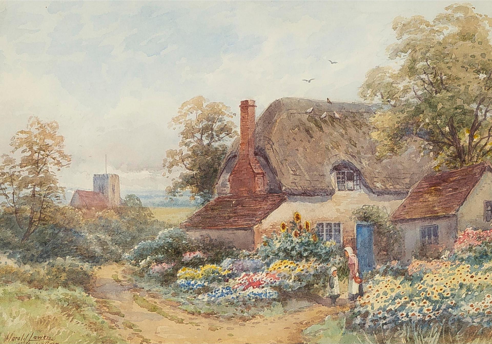 Harold Lawes (1865-1940) - Outside A Thatched Cottage And Garden