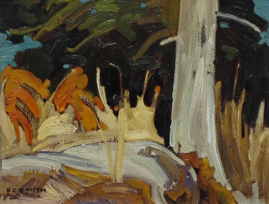 Keith Comock Smith (1924-2000) - Dead Tree Near Log Cabin; 1988