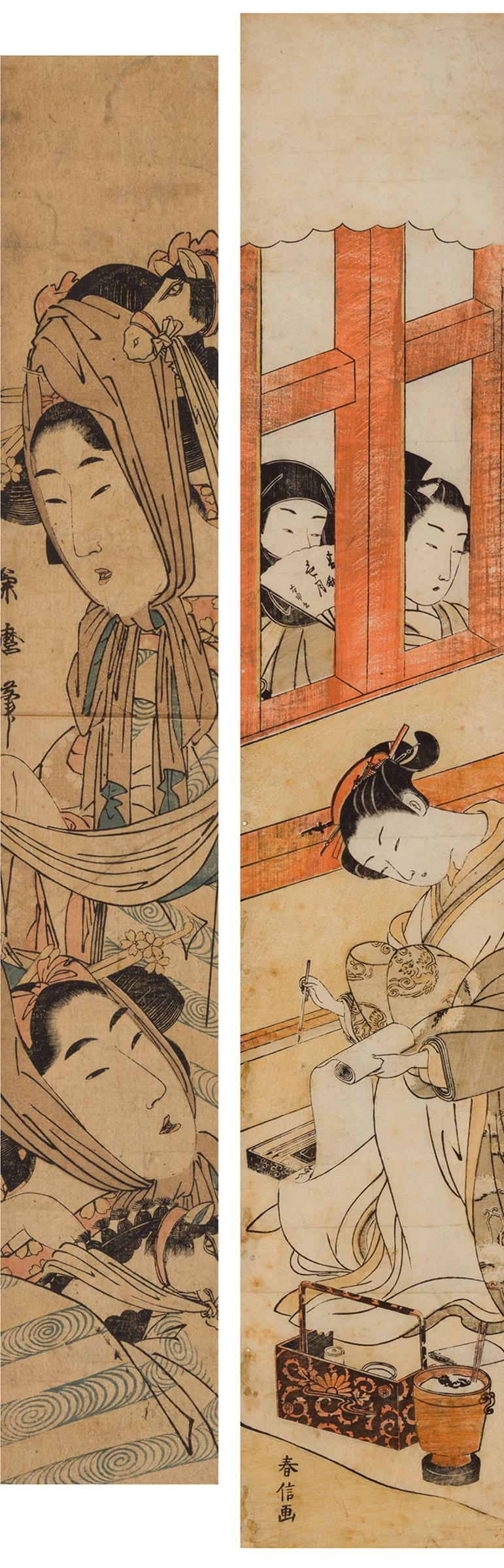 Japanese Art - Two Japanese Ukiyo-e School Pillar Woodblock Prints